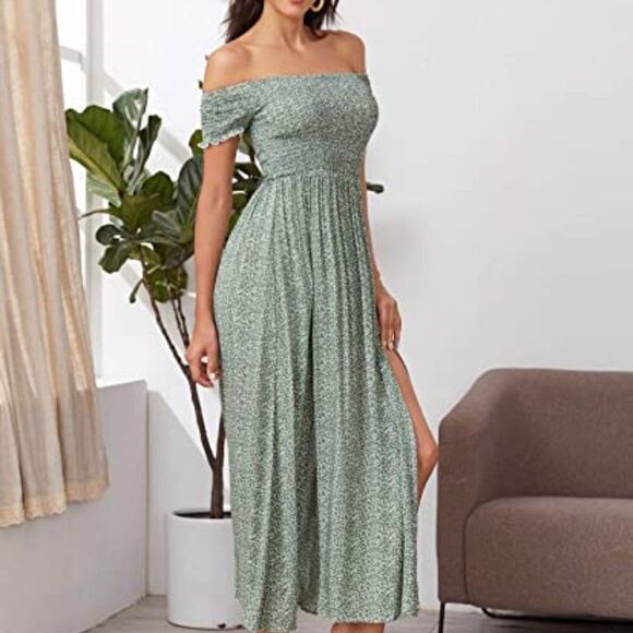 Floerns Women's Boho Floral Print Off Shoulder Split Long A Line Dress - Picture 5 of 6